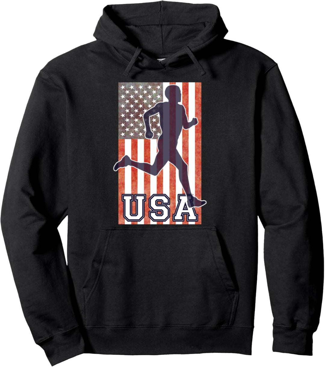 USA Mens Running Track & Field Team American Flag Runner Pullover Hoodie
