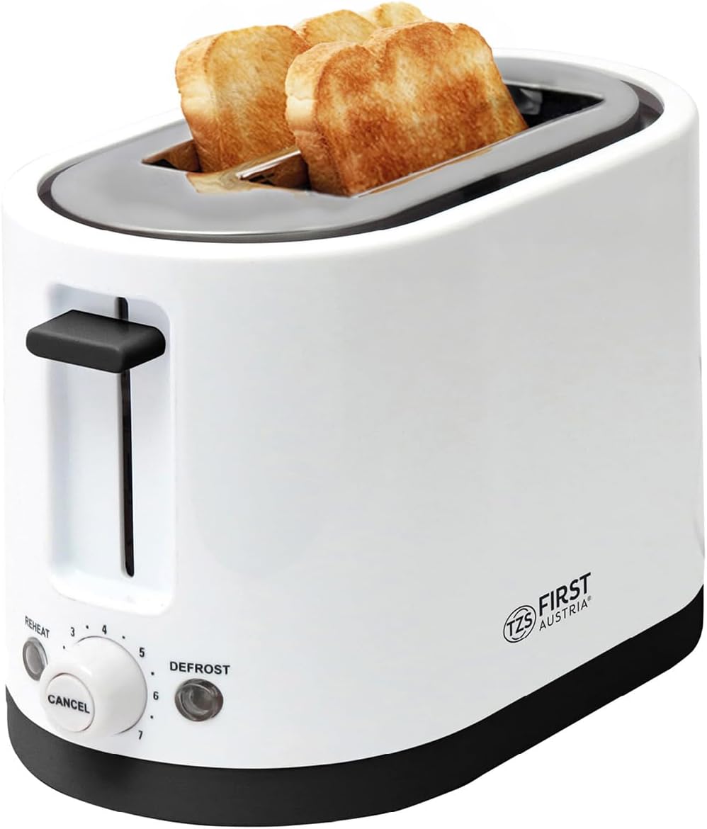 TZS First Austria Doppel Kurzschlitz Toaster, 2 Scheiben, weiss, 750W, 7 Stufen, Warmhalte- und Auft