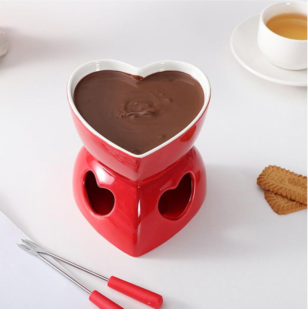 Keramischer Mini-Fondue-Becher Set - Mit Gabeln & Teelicht Für Schokolade & Dessert Rot, Rot