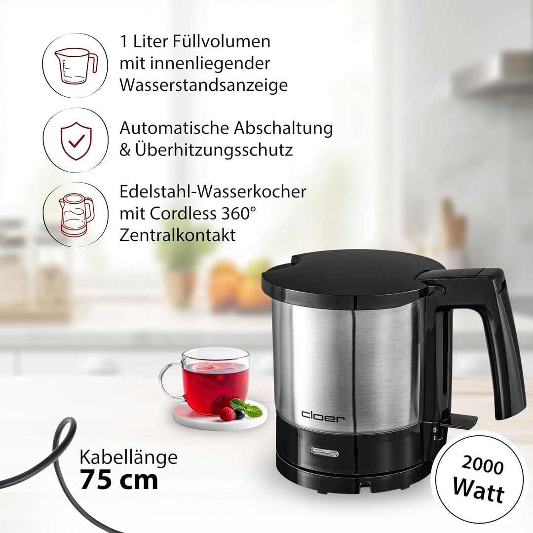 Cloer 4720 Wasserkocher, 2000 W, innen liegende Füllmengenmarkierung, Trockengeh- und Überhitzungssc