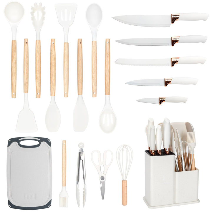 EliteHoff Küchenmesser-Set 19-teilig – Silikon-Küchenutensilien-Set mit Holzgriffen, 5 Messer, 12 Ko