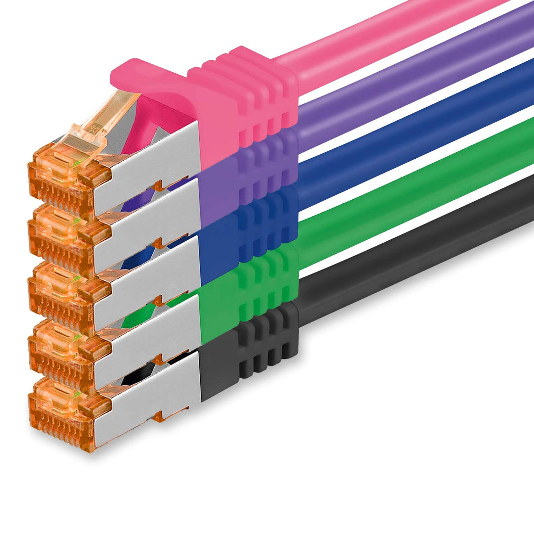 1aTTack.de 2m - Cat.7 Netzwerkkabel 5-Farben 02-5 Stück Gigabit Ethernet LAN Kabel 10000 Mbit s Patc