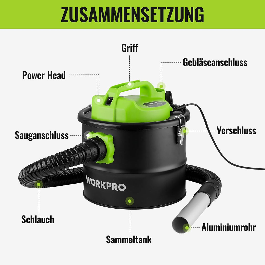WORKPRO Aschesauger, 700W Asche Staubsauger mit 10L Metallbehälter 16kPa Saugleistung | 2-in-1 Sauge