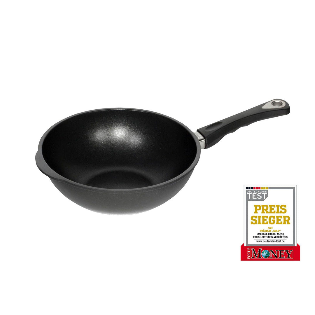 AMT Gastroguss Wok 28 cm Ø, 11 cm hoch, Wokpfanne, induktionsgeeignet, fester Stiel, Lotan® Antihaft