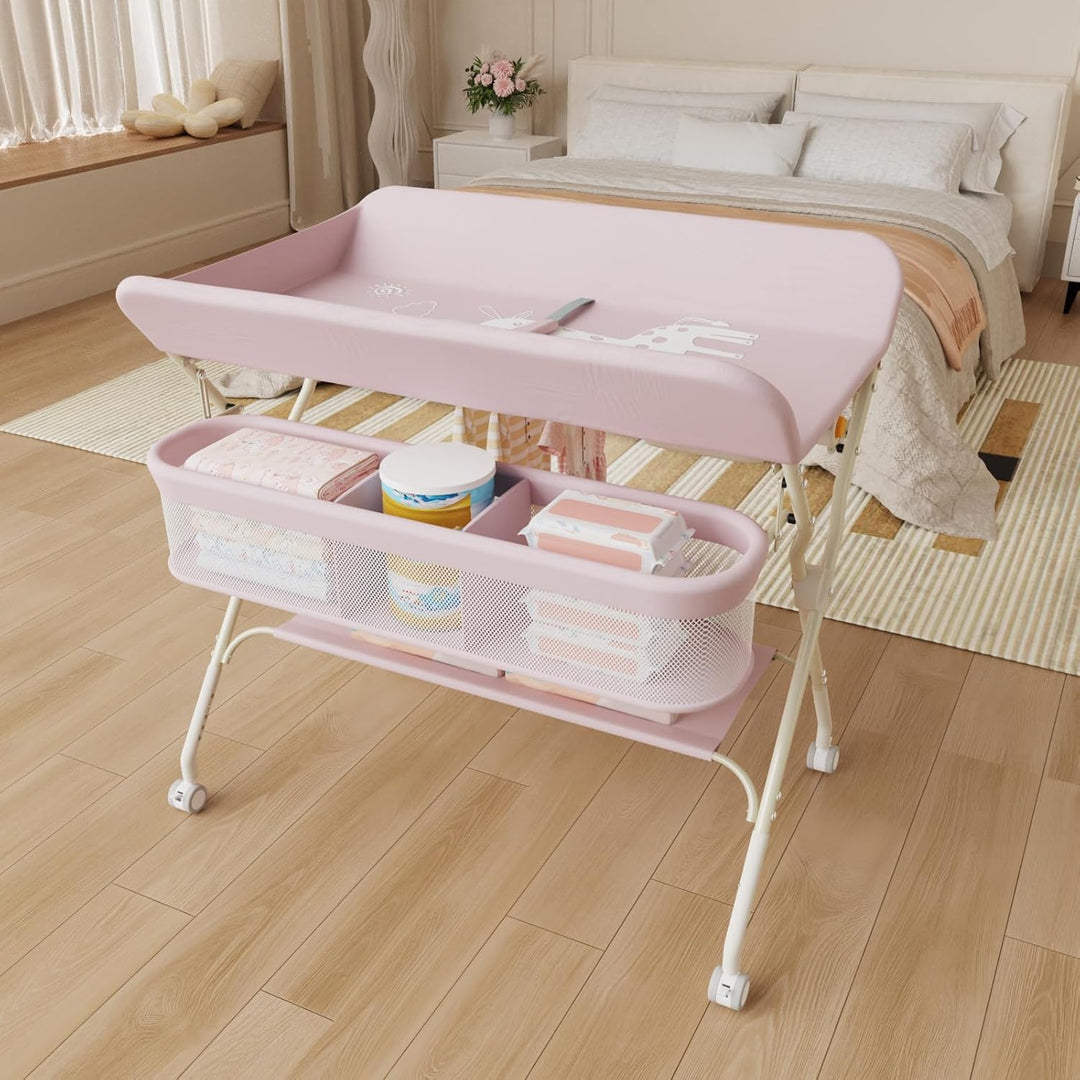 OHMG Wickeltisch für Babys,tragbarer klappbarer Wickeltisch mit Rollen,Mobile wickeltisch klappbar,w