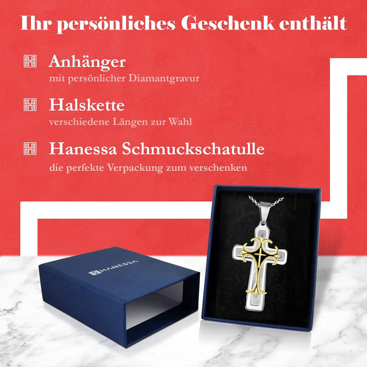 Hanessa Personalisierte Kette mit Gravur Edelstahl 45-60 cm mit Anhänger Kreuz in silber gold - Pers