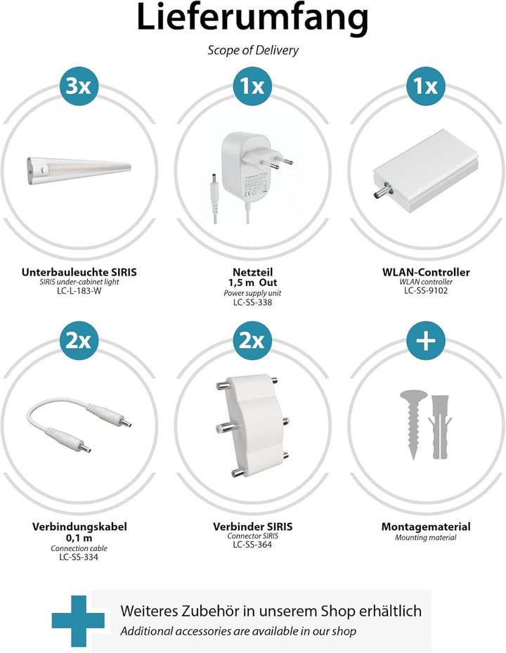 ledscom.de Smarte LED Unterbau-Leuchte SIRIS weiss matt mit WLAN-Controller, flach, Smart-Home, Alex
