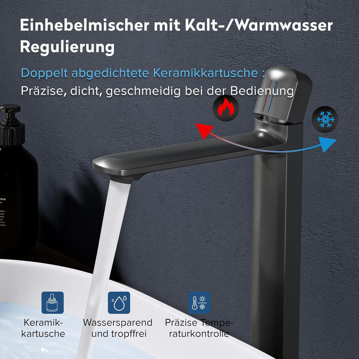 doporro Wasserhahn Bad Grau, Waschtischarmatur Hoch 236 mm Auslaufhöhe | Waschbecken Armaturen mit V