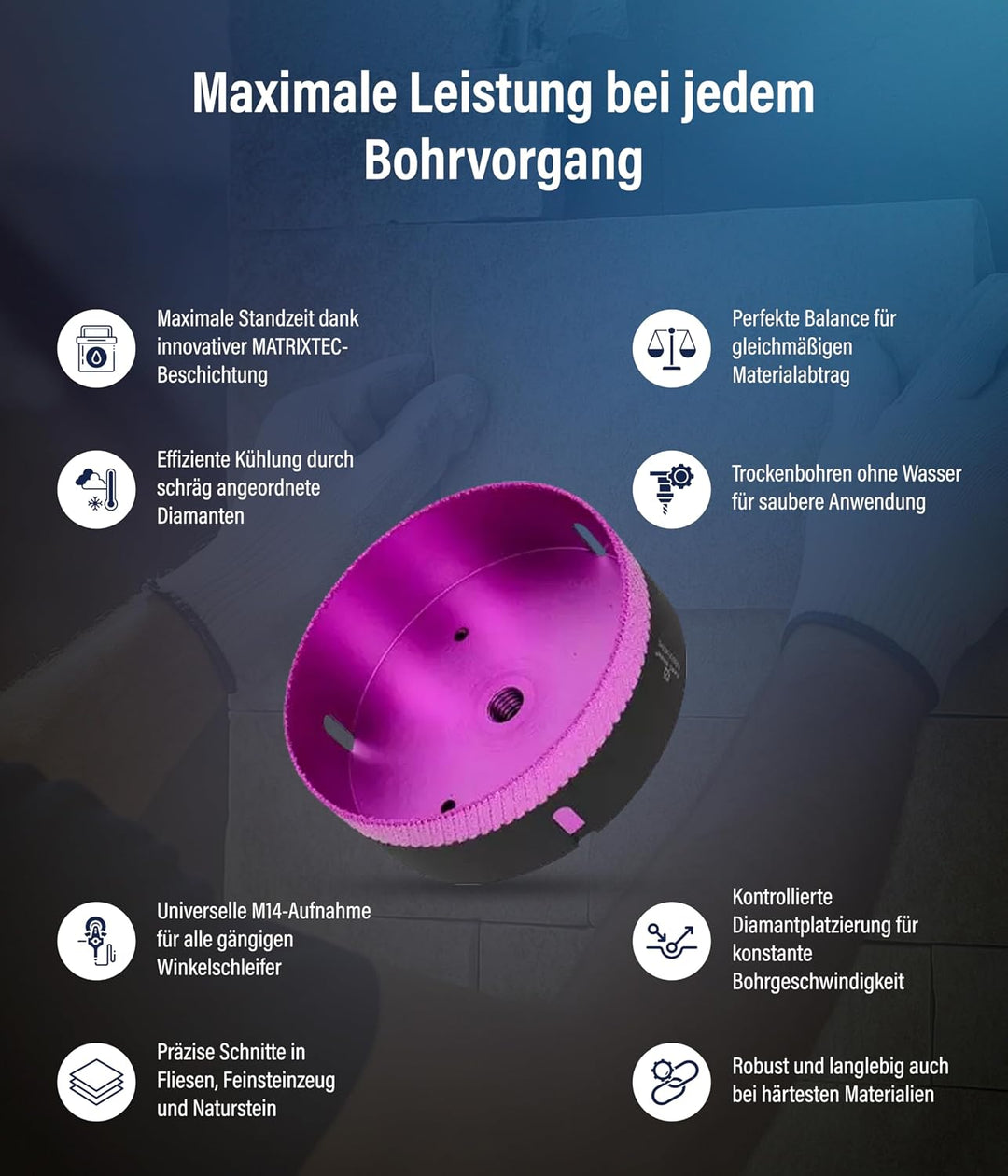 Karl Dahm MATRIXTEC Diamant-Trockenbohrkrone Ø 130 mm I Fliesenbohrer für Feinsteinzeug, Fliesen &amp; N