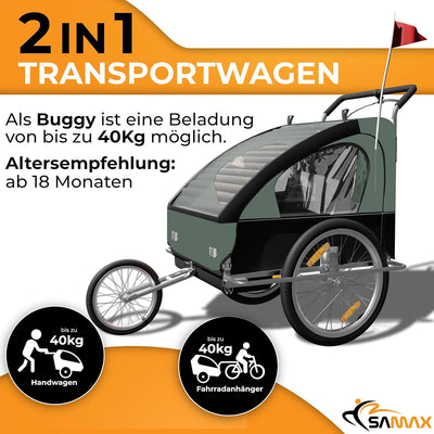 SAMAX Fahrradanhänger Jogger 2in1 Kinderanhänger Kinderfahrradanhänger Transportwagen gefederte Hint