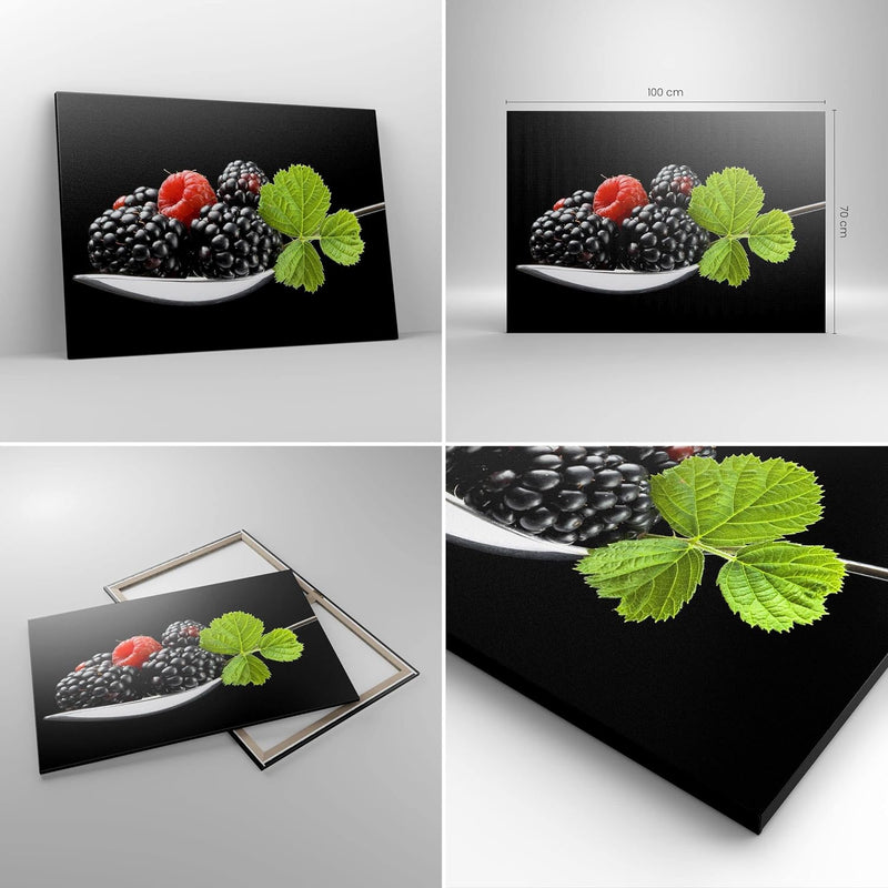 Bilder auf Leinwand 100x70cm Leinwandbild Löffel Himbeere Brombeere Frucht Gross Wanddeko Bild Schla