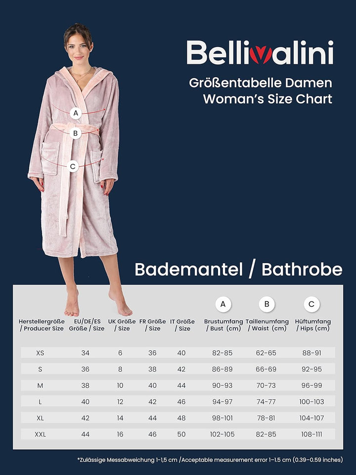 Damen Bademantel lang mit Kapuze und Gürtel BLV50-168, Dunkelblau / Blau