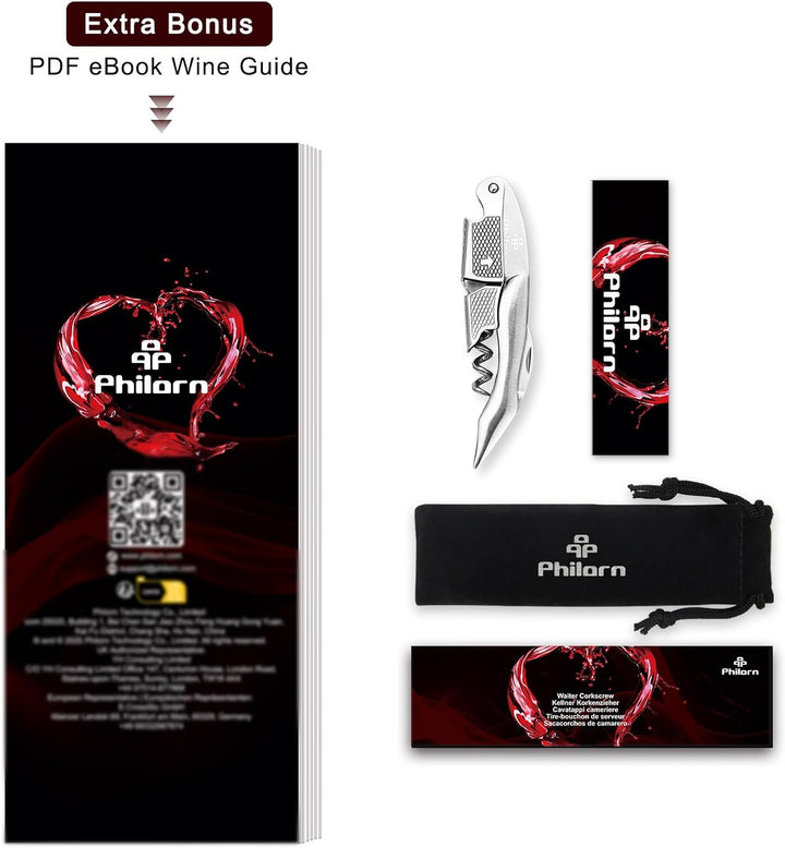 PHILORN All-in-1 Profi Korkenzieher, Prämie Edelstahl, Gratis Weinrezept Ebook, Kellnerkorkenzieher,