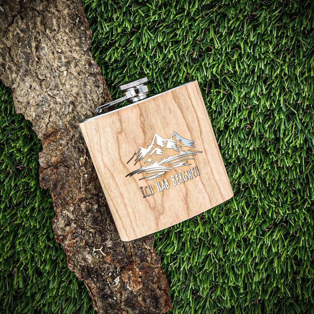 Spruchreif | Flachmann aus Edelstahl mit Gravur | Flachmann aus Holz | Outdoor Geschenk | Geschenkid