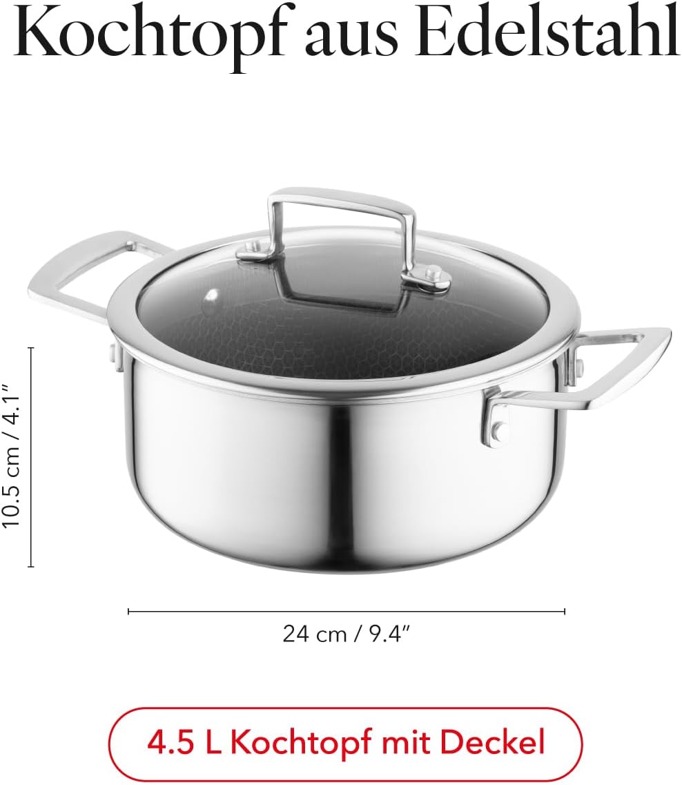 FLORINA ARISTO Edelstahltopf mit Glasdeckel 4,5l 24 cm Durchmesser | Für Induktions-, Gas-, Elektro-