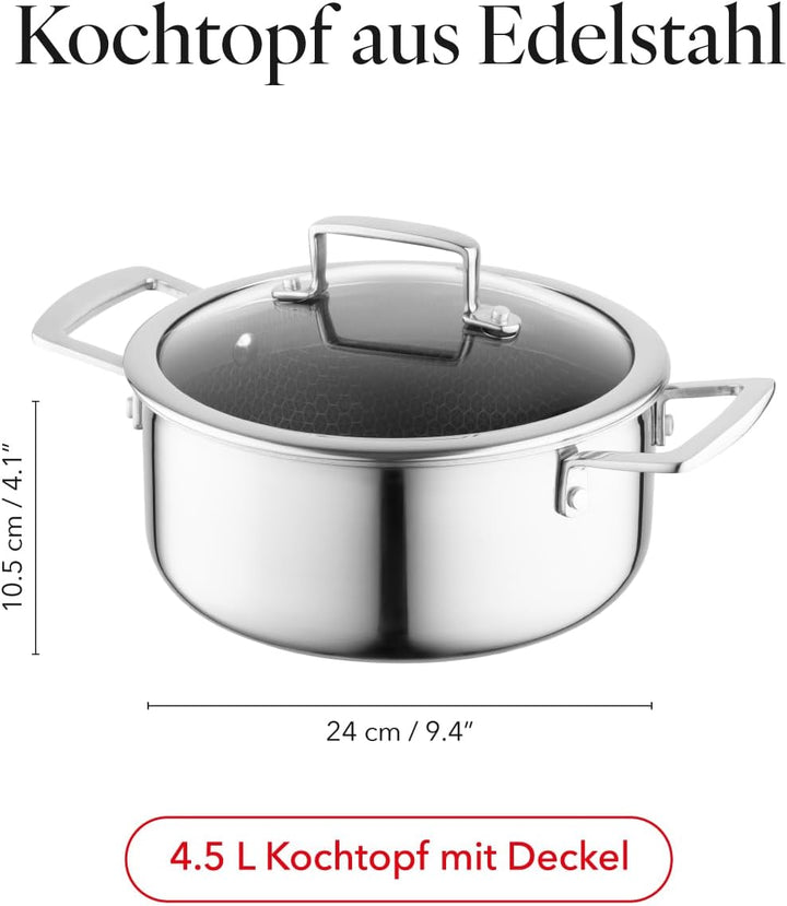 FLORINA ARISTO Edelstahltopf mit Glasdeckel 4,5l 24 cm Durchmesser | Für Induktions-, Gas-, Elektro-