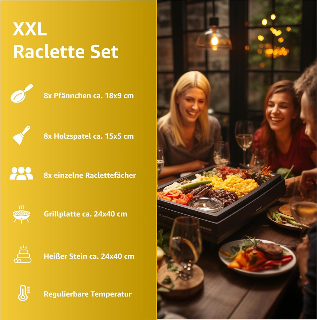 Raclette Set für 8x Personen - antihaftbeschichtet- Tischgrill inkl. Pfännchen & Schaber (Rund), Run