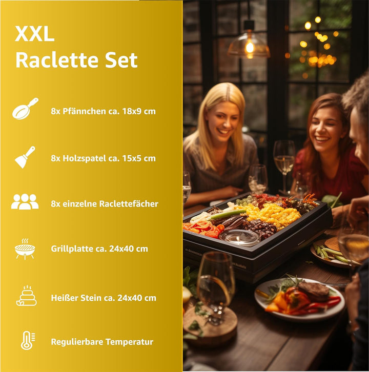 Raclette Set für 8x Personen - antihaftbeschichtet- Tischgrill inkl. Pfännchen & Schaber (Rund), Run