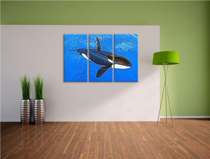 Orca im blauen Meer Spezial 3-Teiler Leinwandbild 120x80 Bild auf Leinwand, XXL riesige Bilder ferti