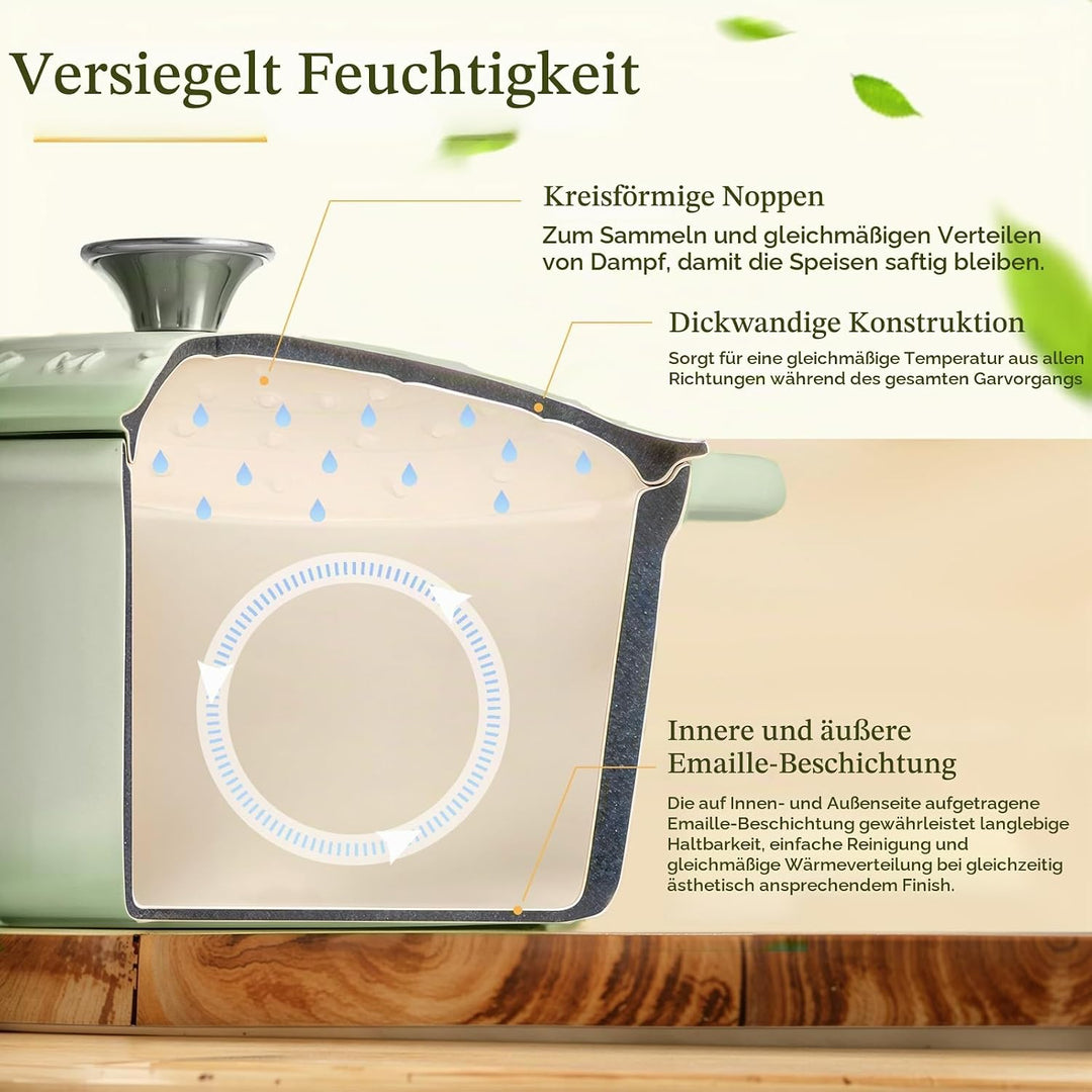 Overmont Bräter emaille Gusseisen Topf - Schmortopf 24cm backofengeeignet - mit Deckel und Kochbuch