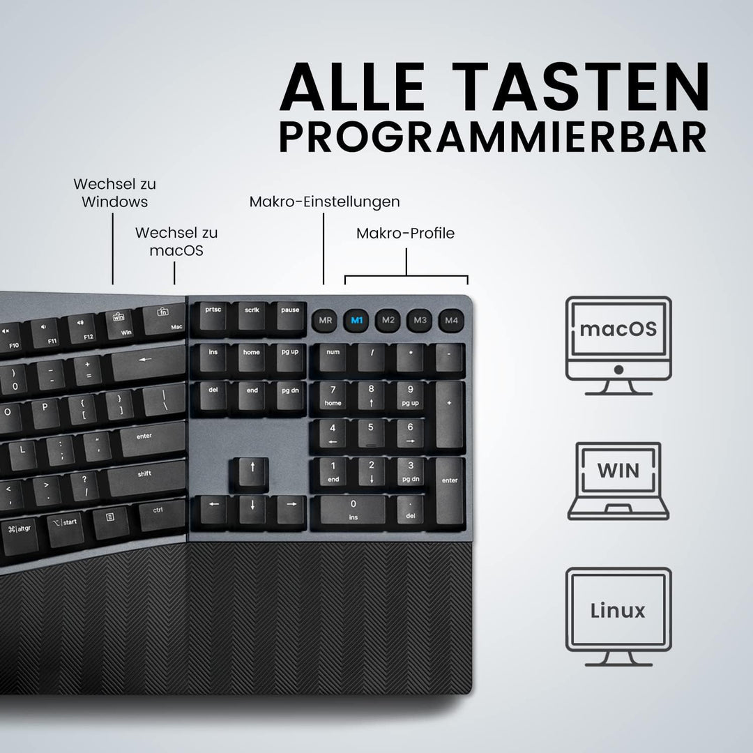 Perixx PERIBOARD-535BL Kabelgebundene ergonomische mechanische Tastatur in voller Grösse – Low Profi