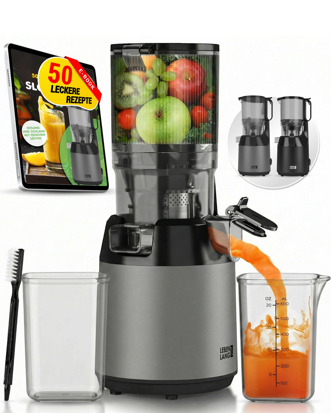 LEBENLANG Entsafter Slow Juicer - Inkl. Rezeptbuch & Grosse 130mm Öffnung I Perfekt für Obst ganze F