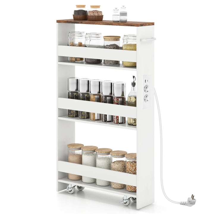 COSTWAY Nischenwagen 13cm breit, 4 Etagen Küchenwagen schmal mit Ladestation, Nischenregal auf Rolle