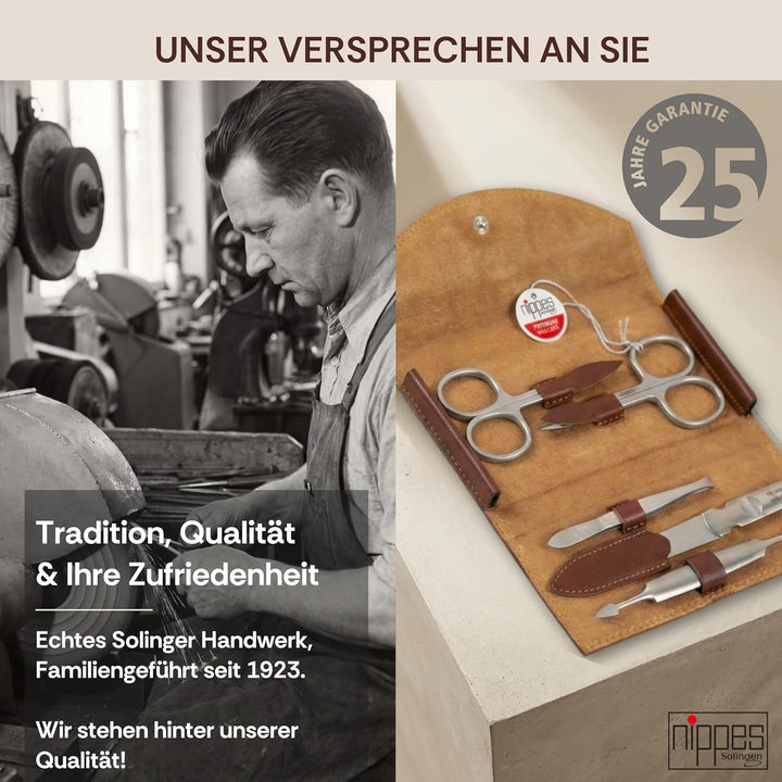 nippes Solingen Classic Premium-Maniküre Set, 5-teilig, Echtes Rindsleder-Nageletui, braun, Edelstah