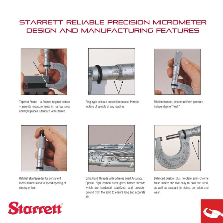Starrett T436.1XRL-2 Aussenmikrometer, Ratschenanschlag, Kontermutter, Hartmetallflächen, 1-2" Berei