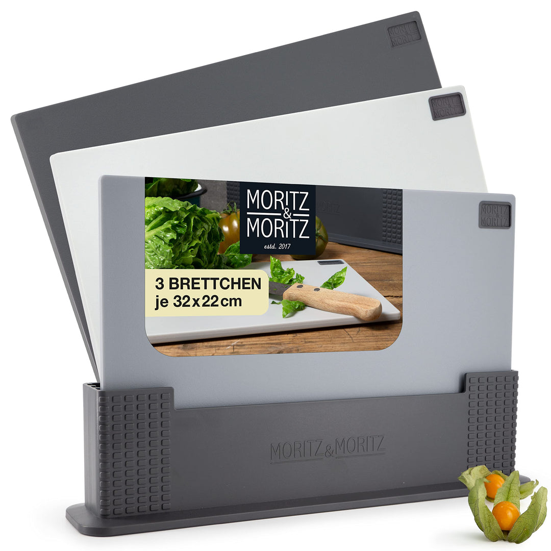 Moritz & Moritz 3x Schneidebrett Kunststoff Set - 32 x 22 cm - Im praktischen Ständer – Küchenbrett