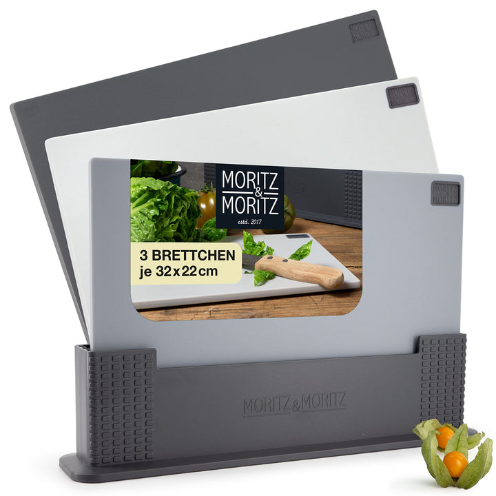 Moritz & Moritz 3x Schneidebrett Kunststoff Set - 32 x 22 cm - Im praktischen Ständer – Küchenbrett