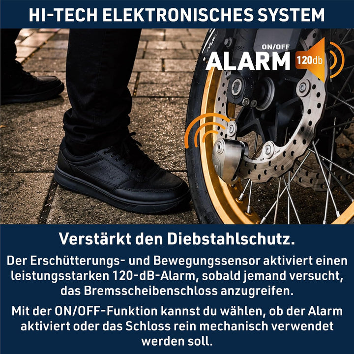 URBAN UR910S Motorrad Bremsscheibenschloss mit Alarm 120 dB + Erinnerungskabel 140cm, Doppelverriege