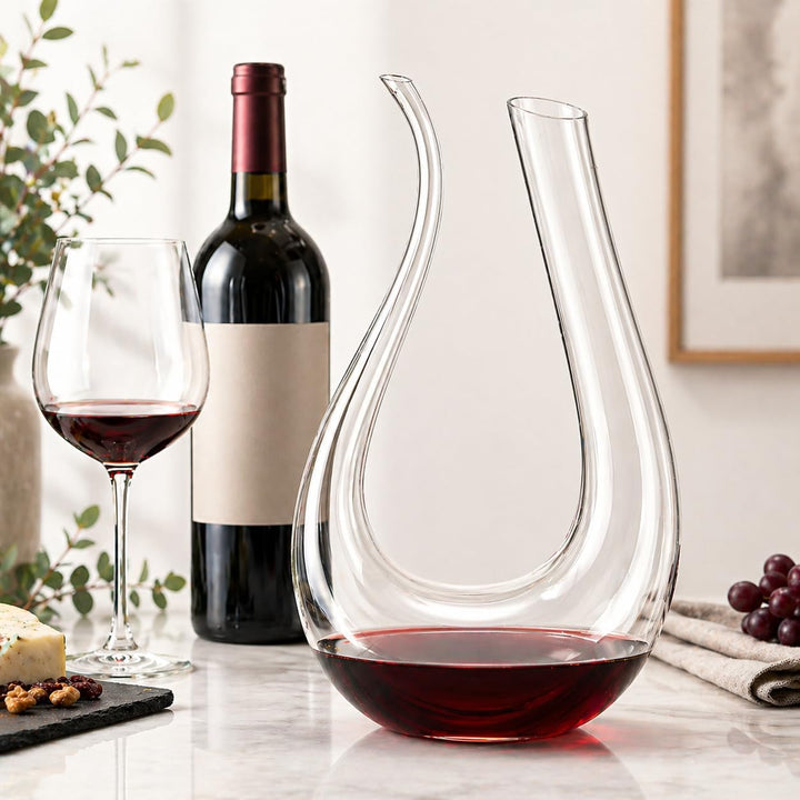Weinkaraffe, 100 % bleifrei, U-förmig, Kristall, Weinkaraffe, rot, mundgeblasen, 1,5 l