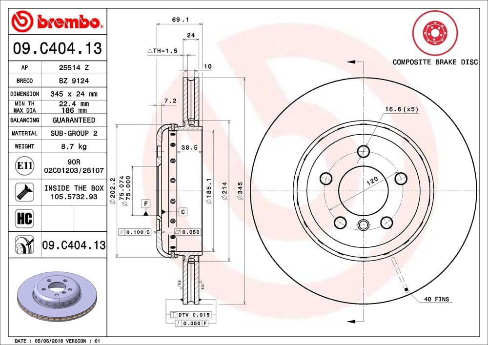Brembo 09.C404.13 - Hintere Verbund-/Schwimm-Bremsscheibe mit UV-Lackierung - 1 Bremsscheibe