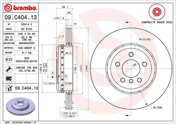 Brembo 09.C404.13 - Hintere Verbund-/Schwimm-Bremsscheibe mit UV-Lackierung - 1 Bremsscheibe