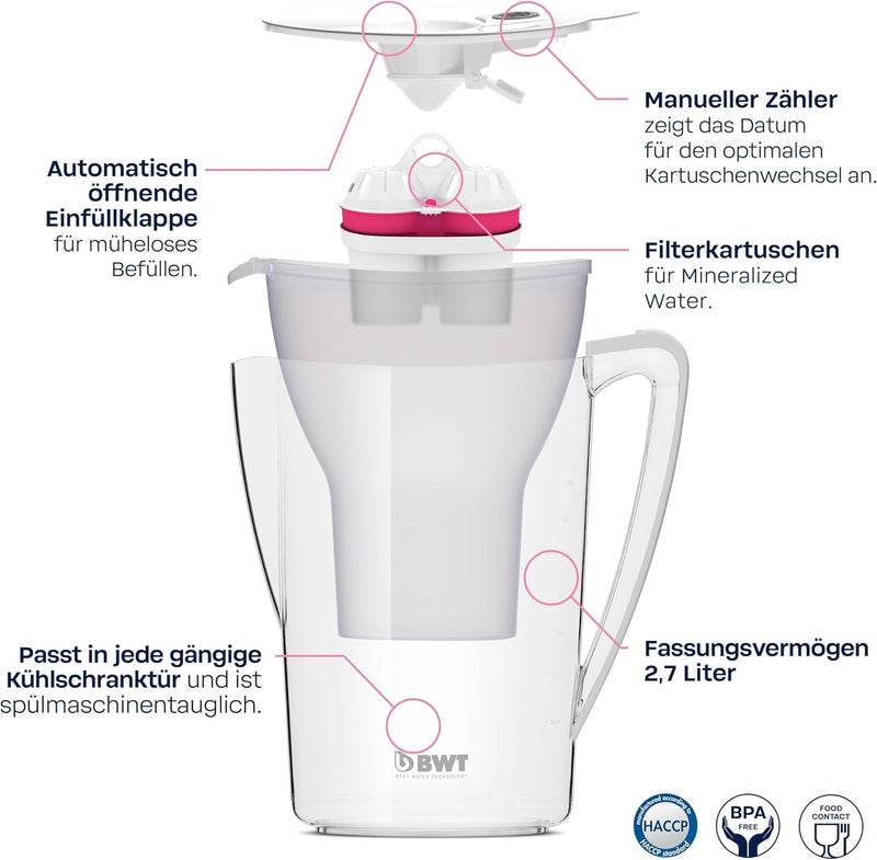 BWT 125305611-Tischwasserfilter Penguin Wasserfilterkanne inkl. 2 Filterkartuschen, ZINC 1x Magnesiu