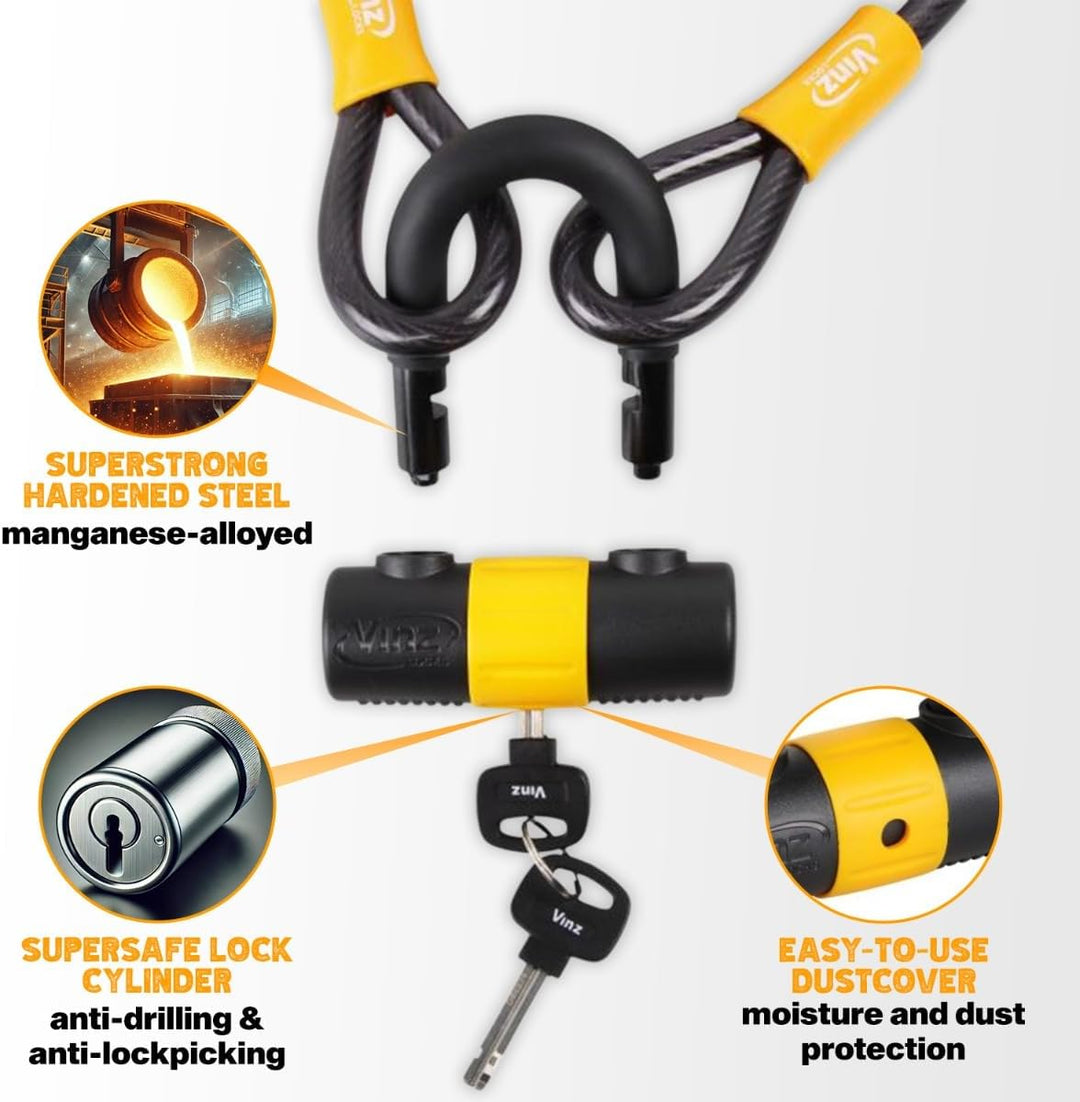 VINZ Kinabalu Kabelschloss / Schlaufenkabel ø12mm | 15 meter lang | Stahlseil mit Schloss mit Kunsts