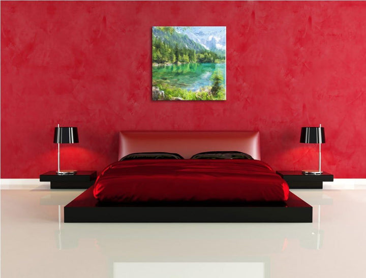 Pixxprint See umgeben vom Wald als Leinwandbild/Grösse: 70x70 cm/Wandbild/Kunstdruck/fertig bespannt