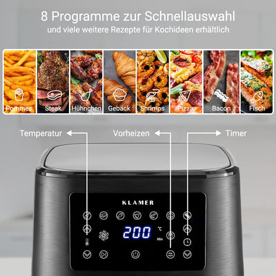 KLAMER Heissluftfritteuse 5,5l XXL, ölfreie Friteuse, 1700W Airfryer mit LED-Touchscreen, digitalem