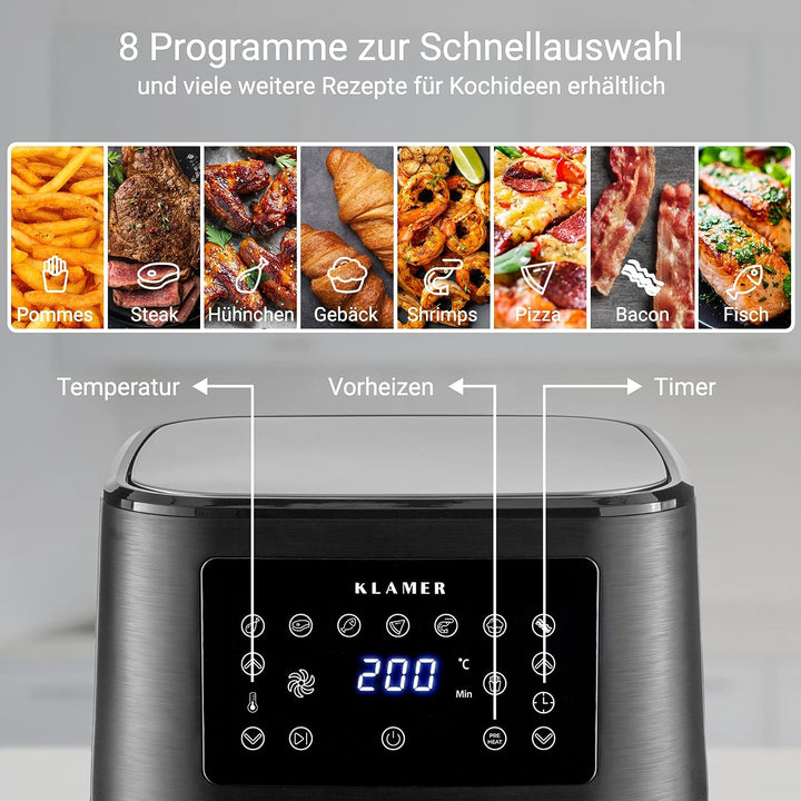 KLAMER Heissluftfritteuse XL 5,5l, Multifunktionale Heissluftfritteuse, ölfreie Fritteuse, 1700W Air