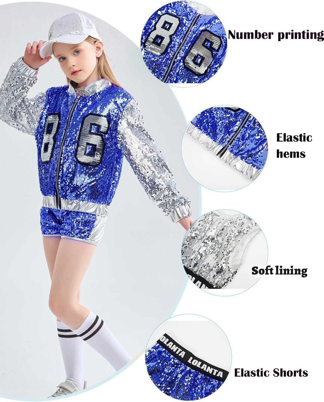 LOLANTA 4 Stück Mädchen Hip Hop Tanz Kostüm Kinder Pailletten Jazz Tanz Kleidung Set Socken angebrac
