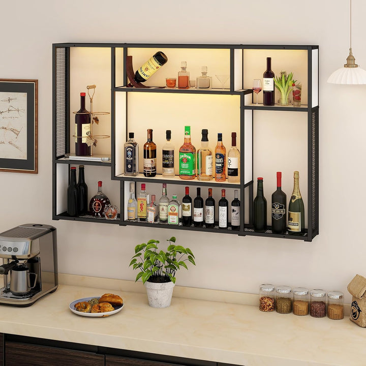 YOURLITE Weinregal Wand,Moderne Metall Bar Regale,mit LED-Licht,Holz,Weiss | Weinregale Display Rack