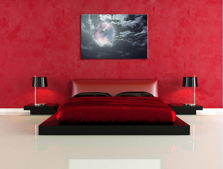 Vollmond unter Sternen und Wolken schwarz/weiss Format: 100x70 auf Leinwand, XXL riesige Bilder fert