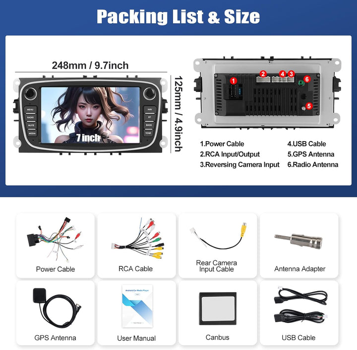 CAMECHO 4+64G Android 13 Autoradio für Ford Focus mk2 Mondeo Cmax Galaxy Smax Kuga mit Carplay/Andro