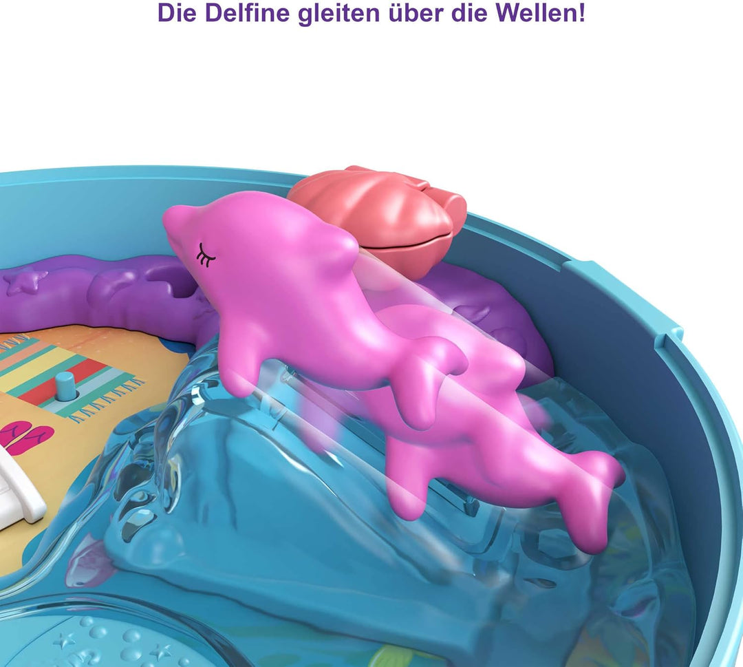 Polly Pocket GTN20 - Delfinstrand Schatulle, 2 kleine Puppen, 5 Überraschungen, 13 Zubehörteile, Pop