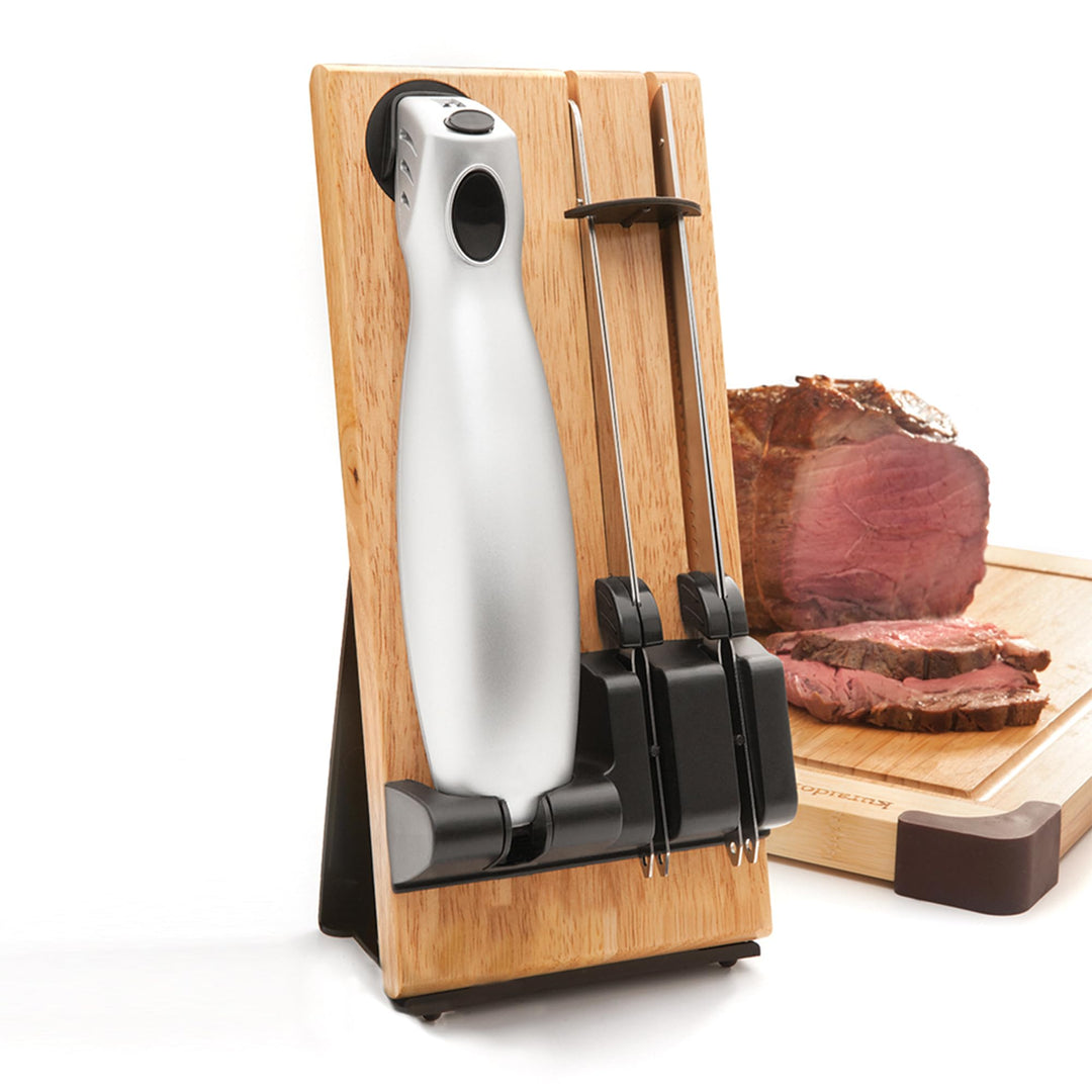 FISHTEC Easy Cut Plus Kabelloses Elektromesser mit Ladegerät und Holzständer zum Schneiden von Brot,