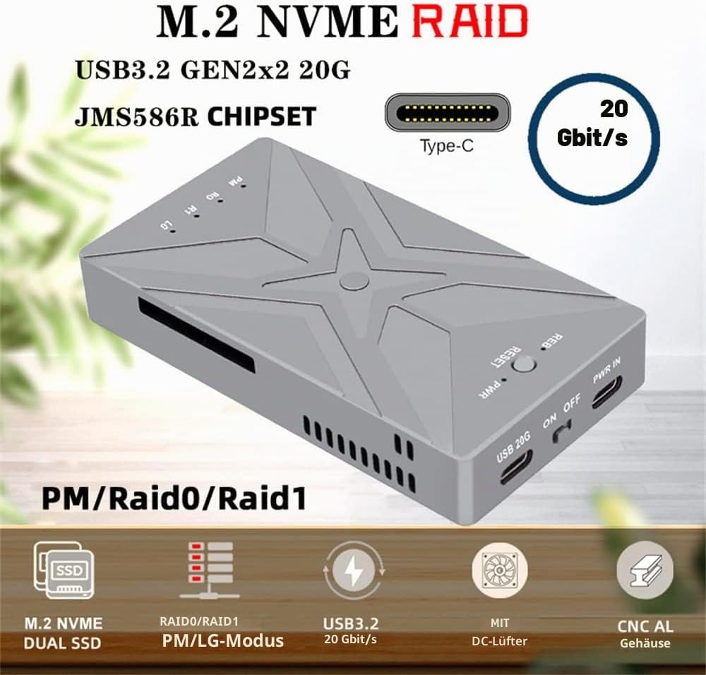 xiwai 20Gbps Dual NVME M.2 NGFF M-Key auf USB-C Typ-C Raid0 Raid1 JOBD Big Enclosure mit Lüfter Raid
