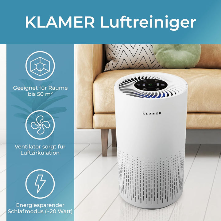 KLAMER Luftreiniger 300i mit HEPA Filter, CADR Spitzenleistung von 220 m³/h, für Räume bis 50m², ent