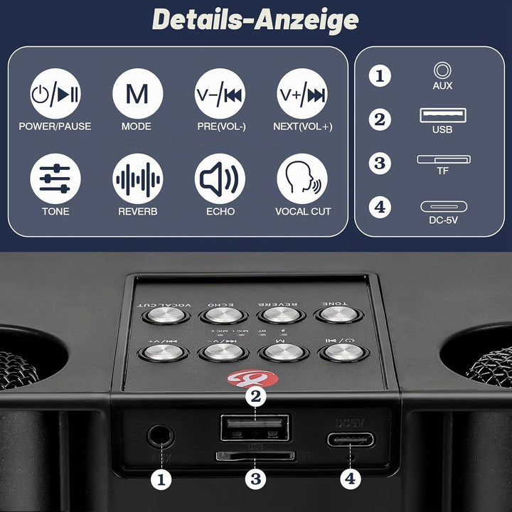 Karaoke Maschine mit 2 Mikrofone, Lautsprecher Box mit Lichteffekte, Tragbaren 5.3 Bluetooth Lautspr