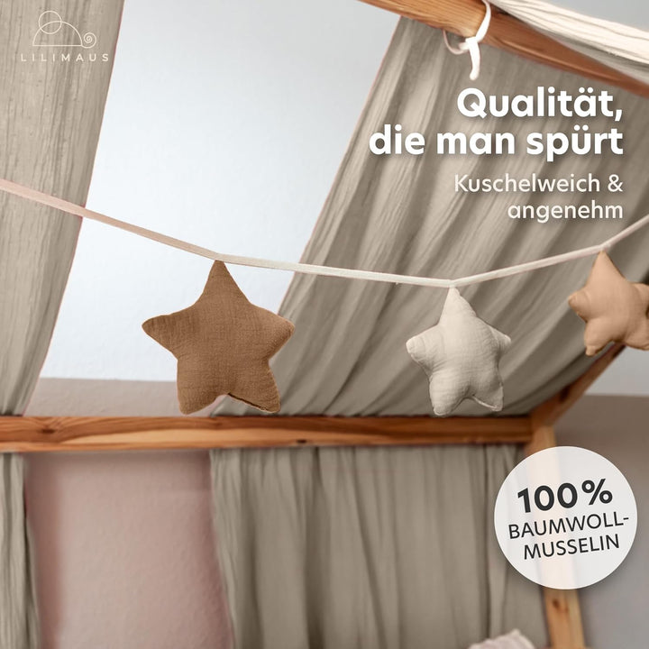 LILIMAUS Sternen Wimpelkette Stoff - 12 Farben - Kinderzimmer Deko - 100% Baumwolle Handmade - Musse